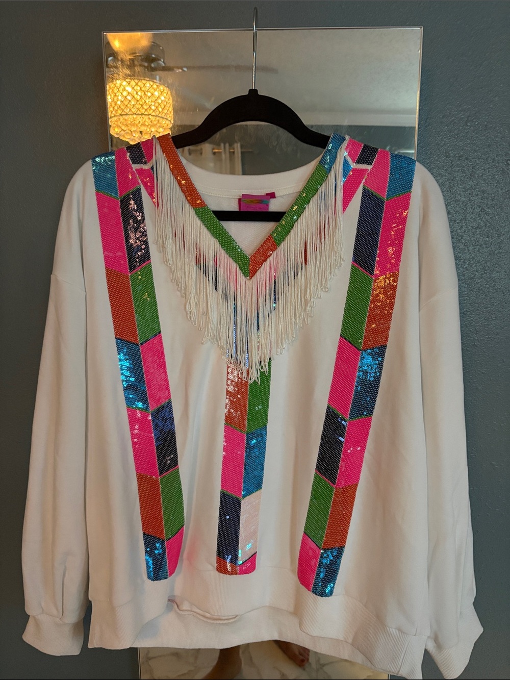 QUEEN OF SPARKLES White Fringe Sweatshirt with Multicolor Sequin Stripes